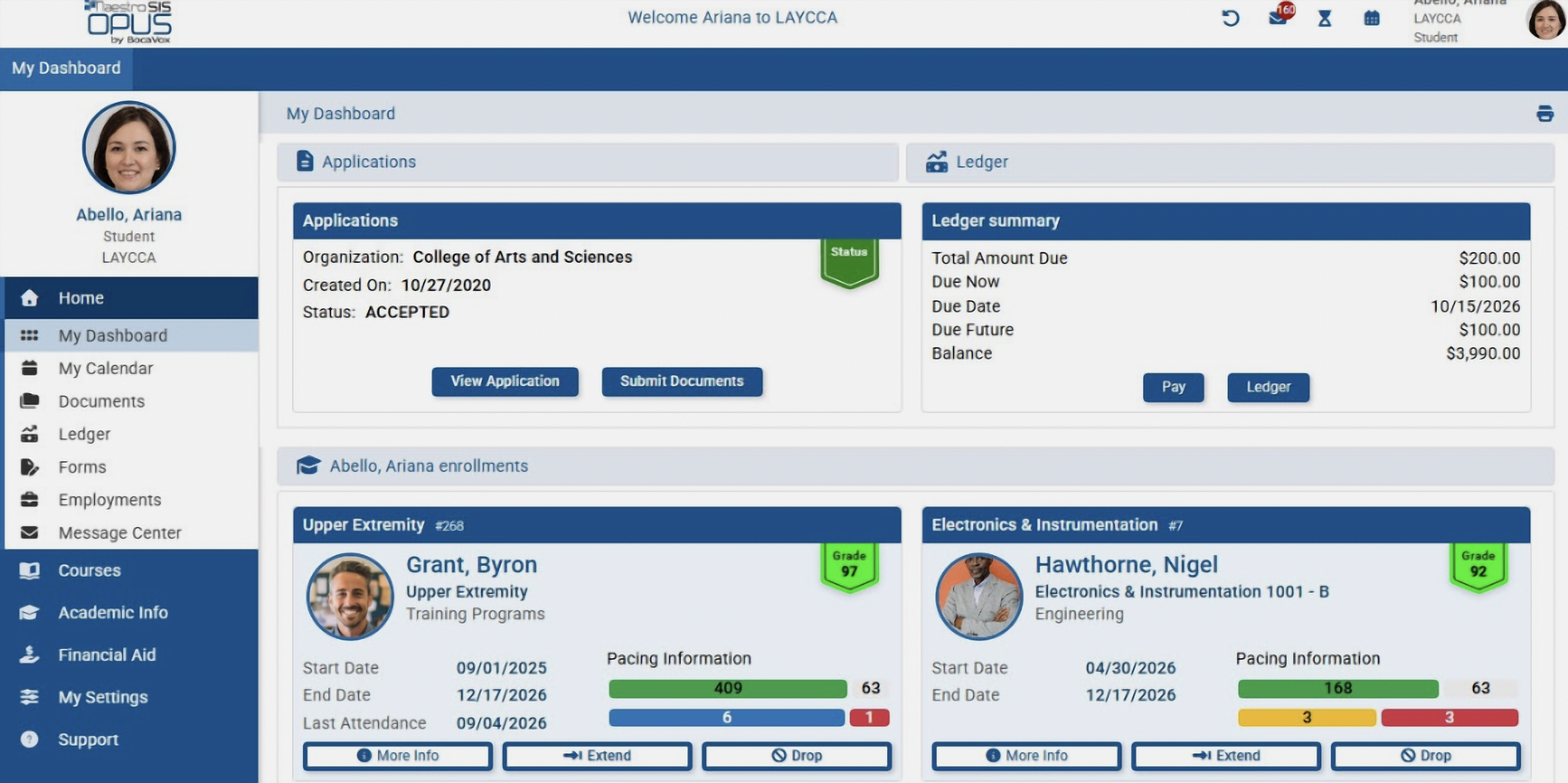 Maestro SIS OPUS student dashboard showing applications, ledger summary, and course enrollments with grades