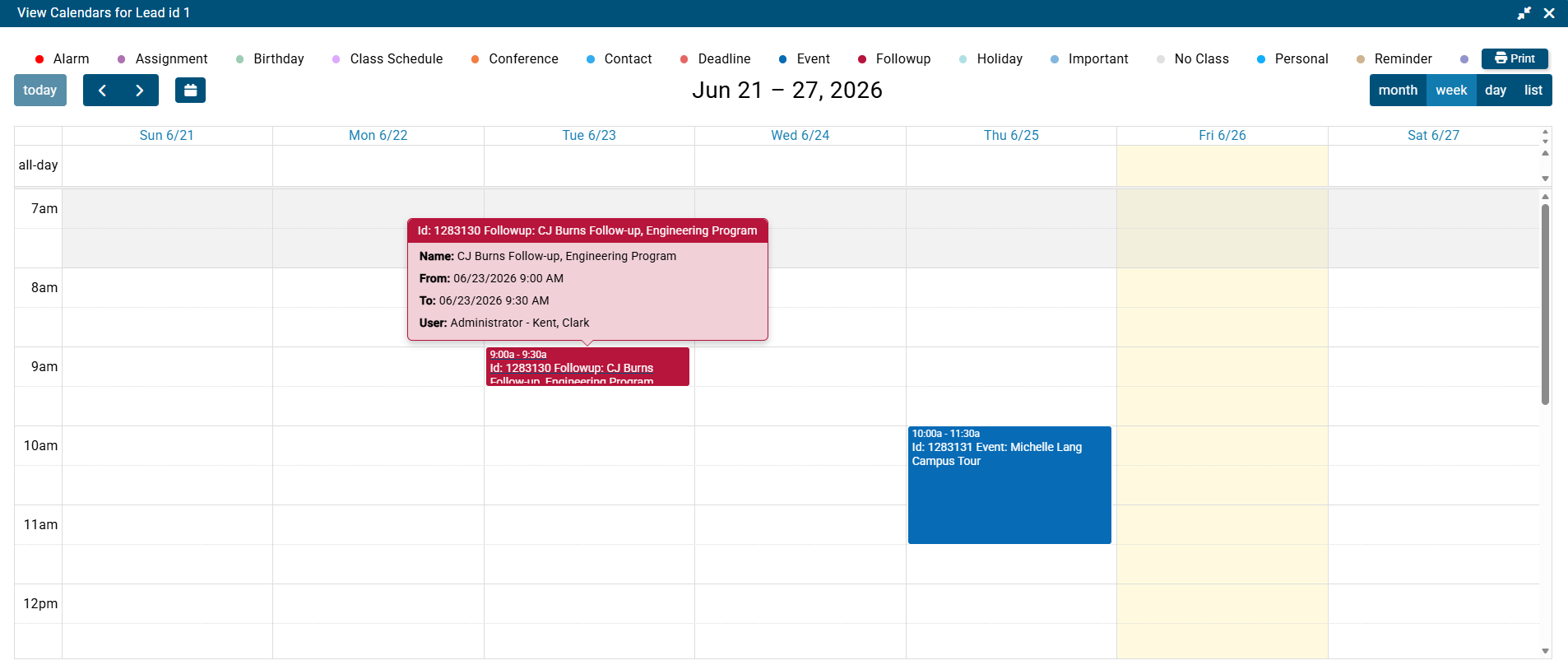 Lead follow-up calendar in Maestro SIS showing scheduled agent activities